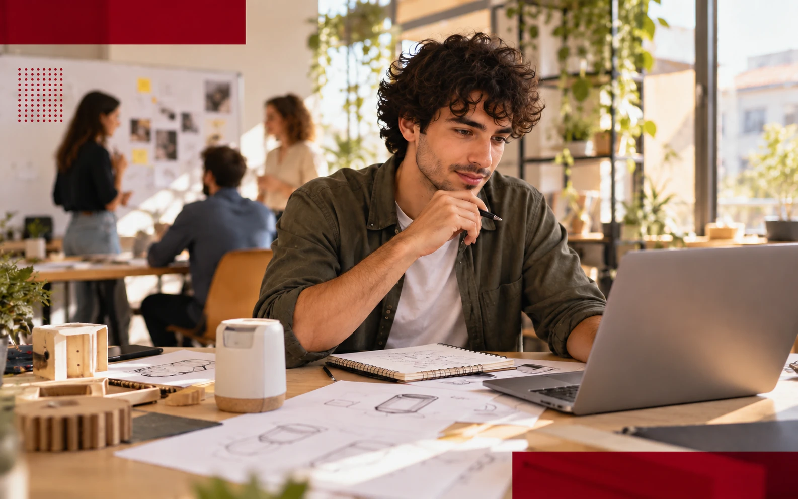 Giovane imprenditore sviluppa un progetto d’impresa in uno spazio di coworking