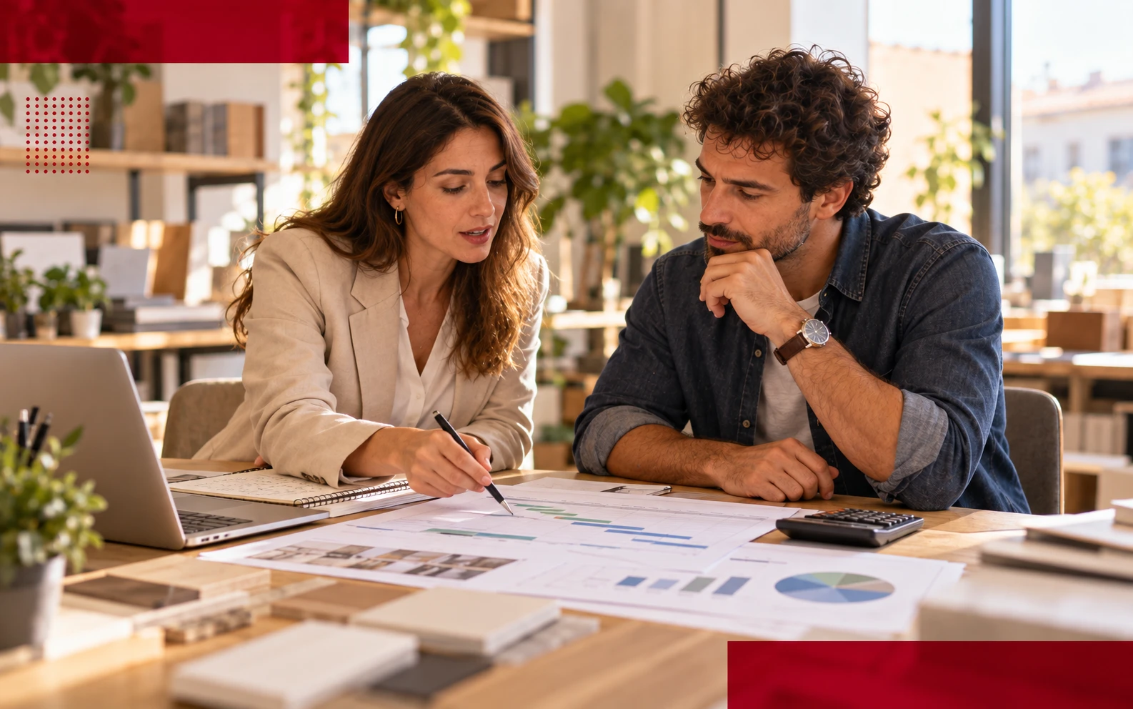 Imprenditore e consulente pianificano un investimento aziendale esaminando documenti e grafici
