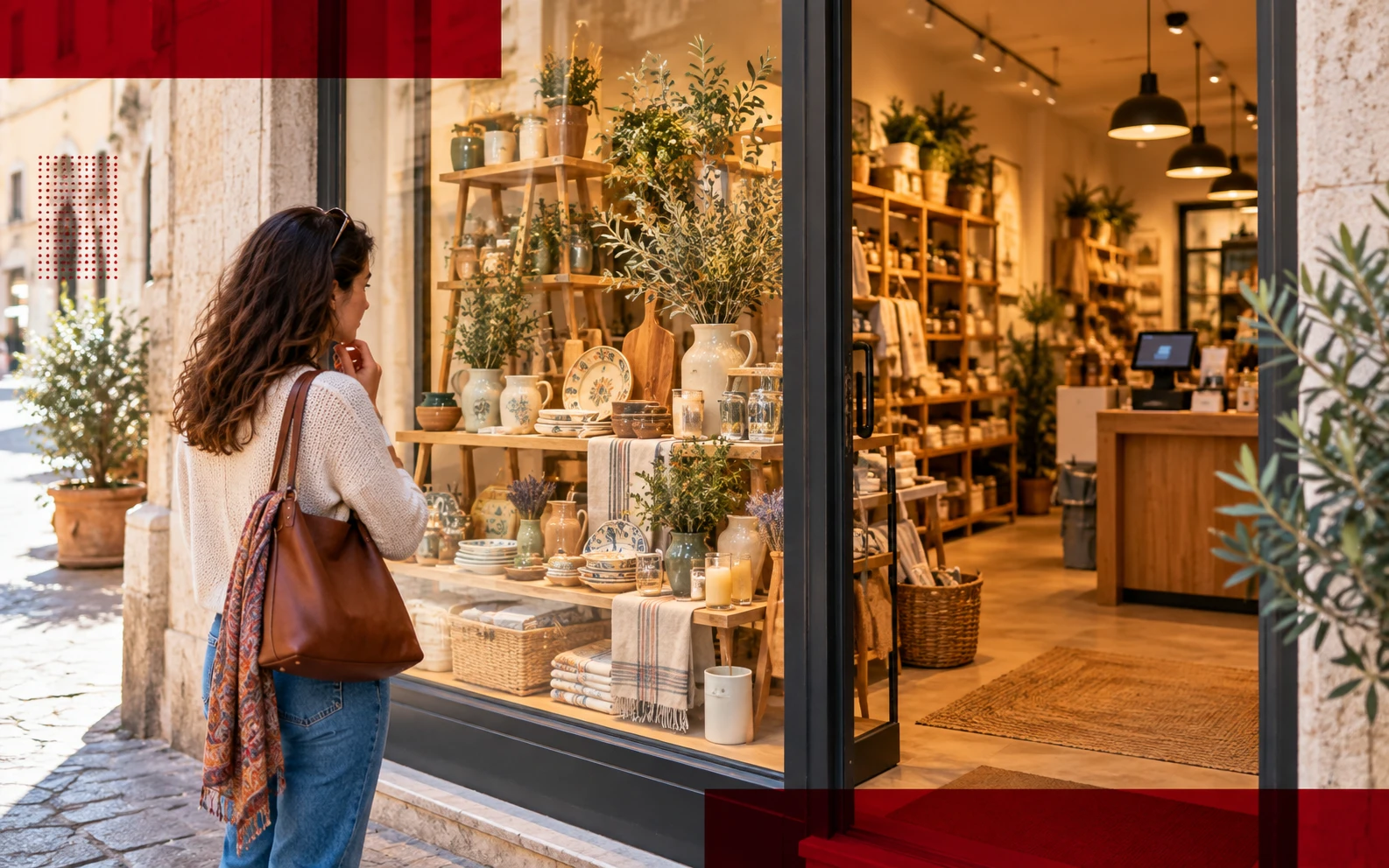 Cliente osserva la vetrina di un negozio con ingresso accogliente e spazi curati